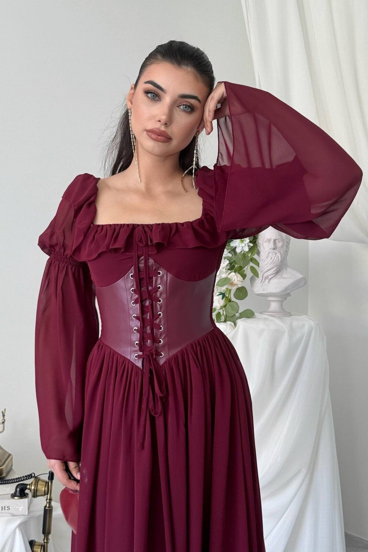 Chiffon Maxi Dress with Corset Belt