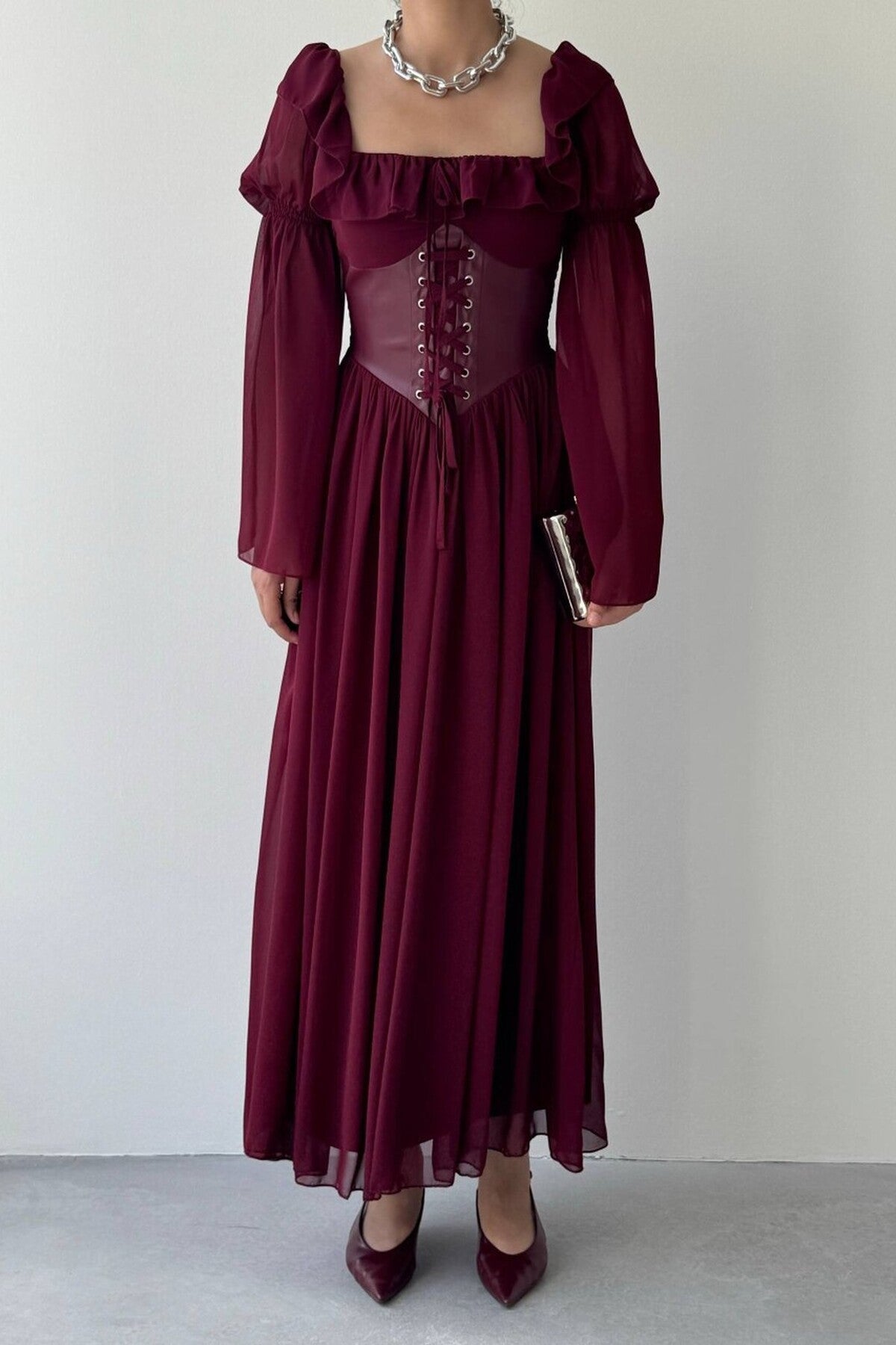 Chiffon Maxi Dress with Corset Belt