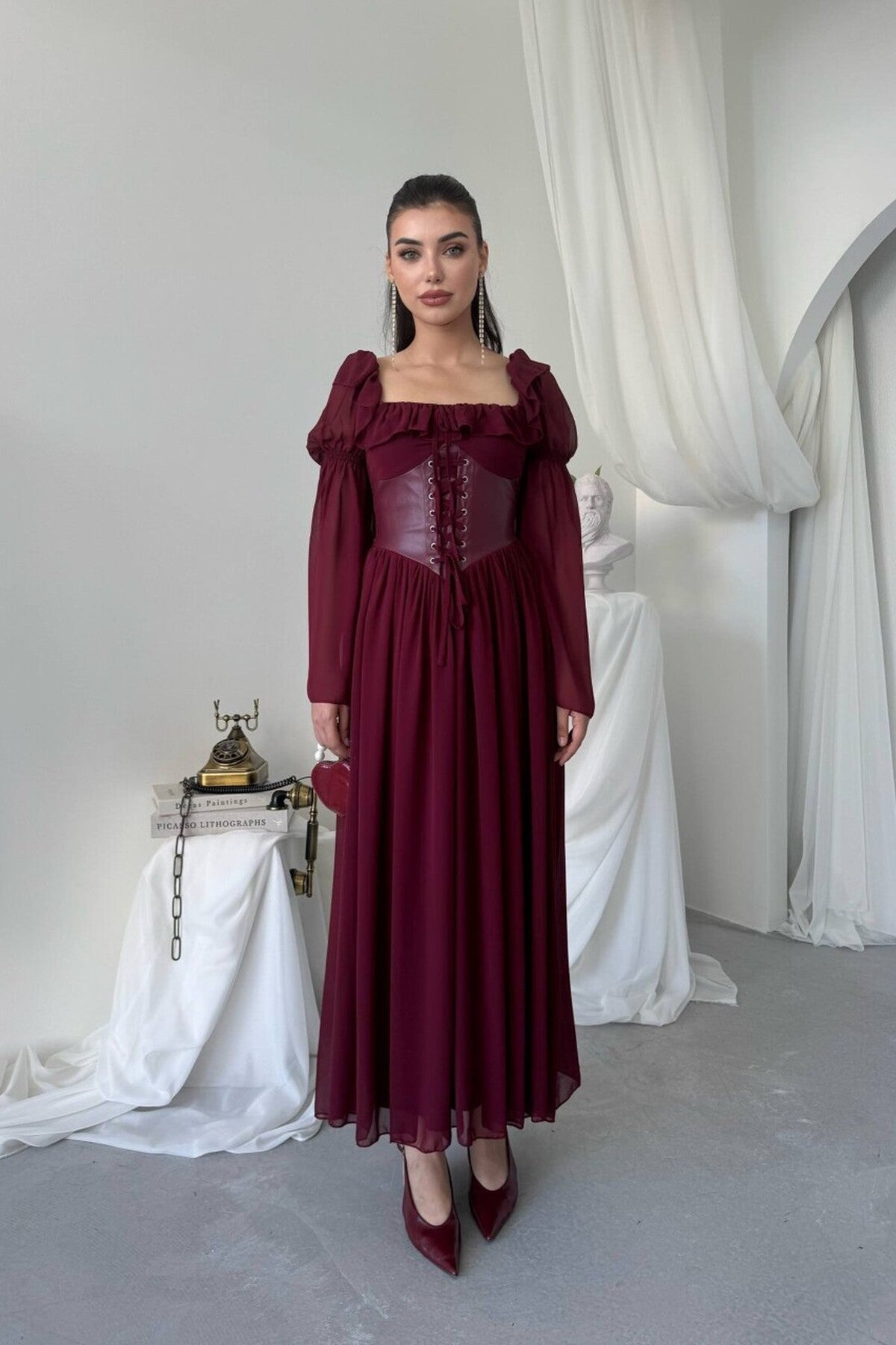 Chiffon Maxi Dress with Corset Belt