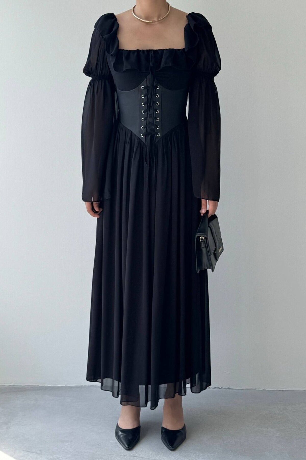 Chiffon Maxi Dress with Corset Belt