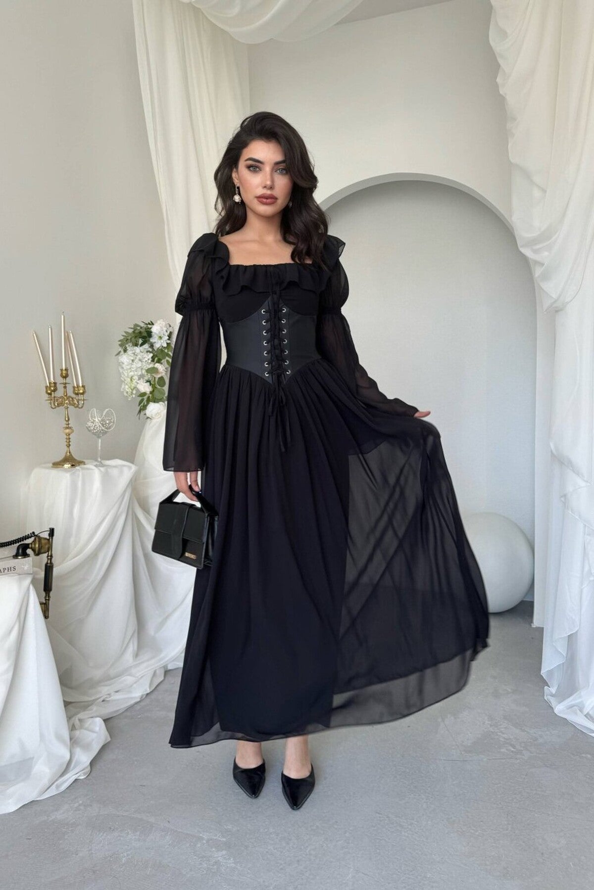 Chiffon Maxi Dress with Corset Belt