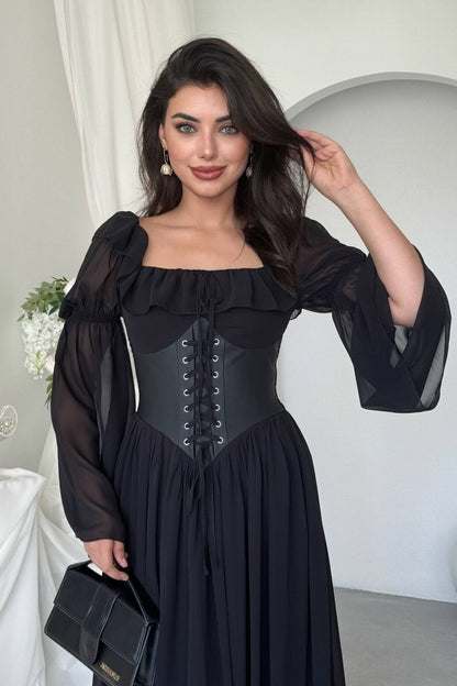 Chiffon Maxi Dress with Corset Belt