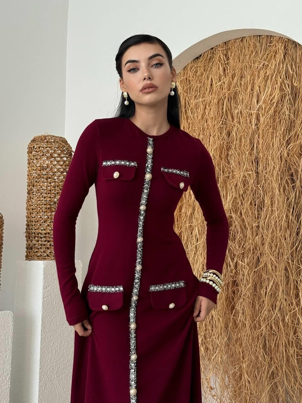 Knit Midi Dress with Pearl Buttons