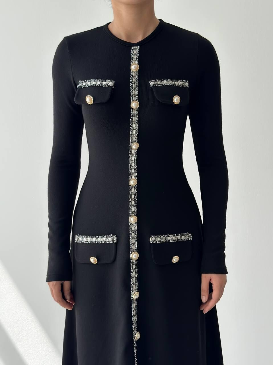 Knit Midi Dress with Pearl Buttons