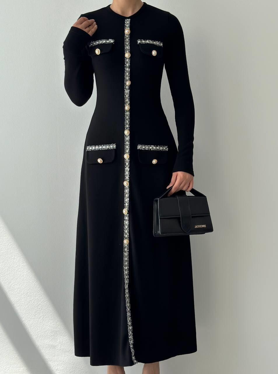 Knit Midi Dress with Pearl Buttons