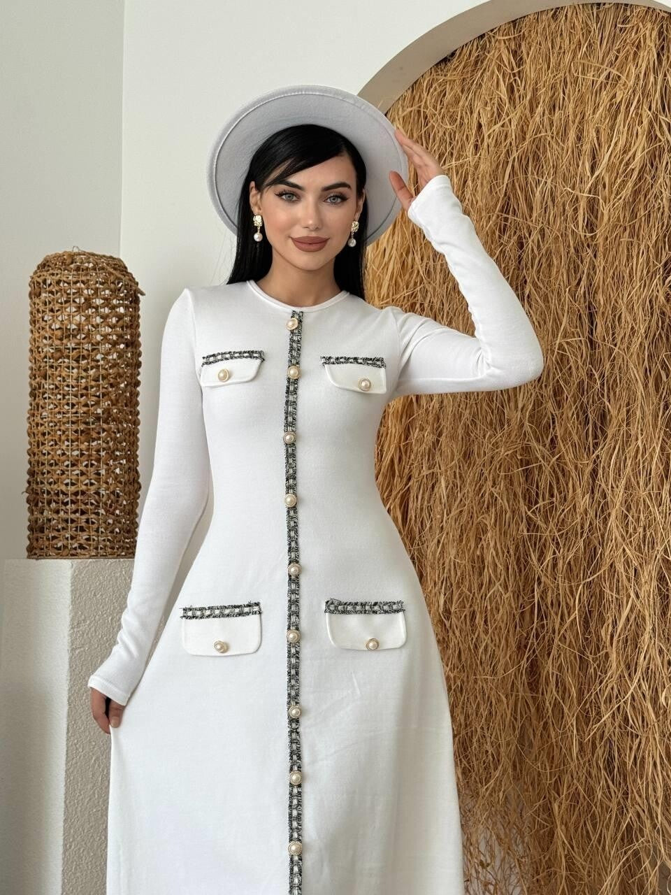 Knit Midi Dress with Pearl Buttons