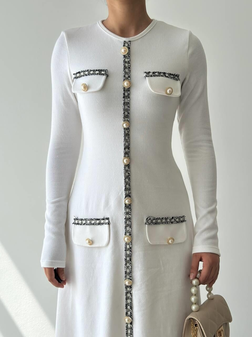 Knit Midi Dress with Pearl Buttons
