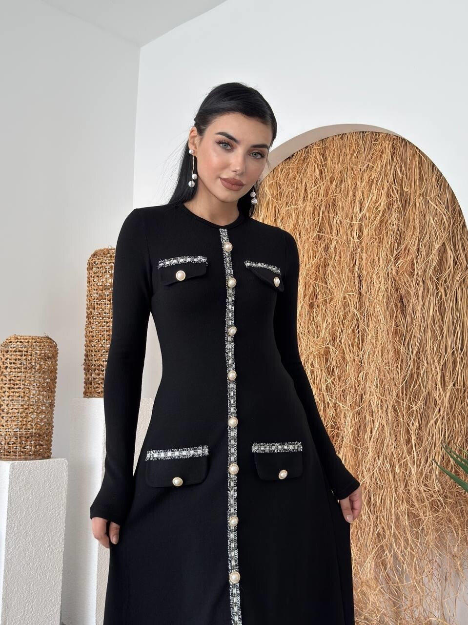 Knit Midi Dress with Pearl Buttons