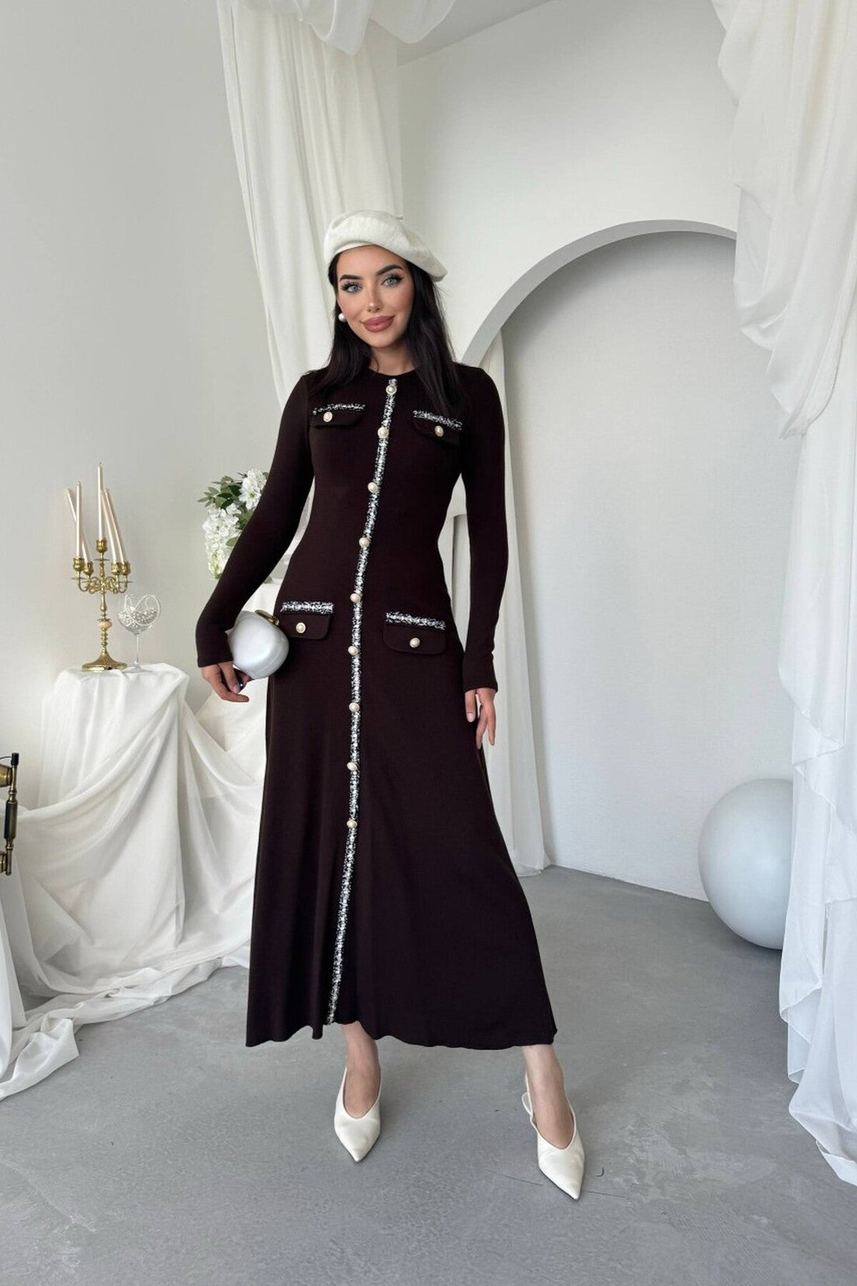 Knit Midi Dress with Pearl Buttons