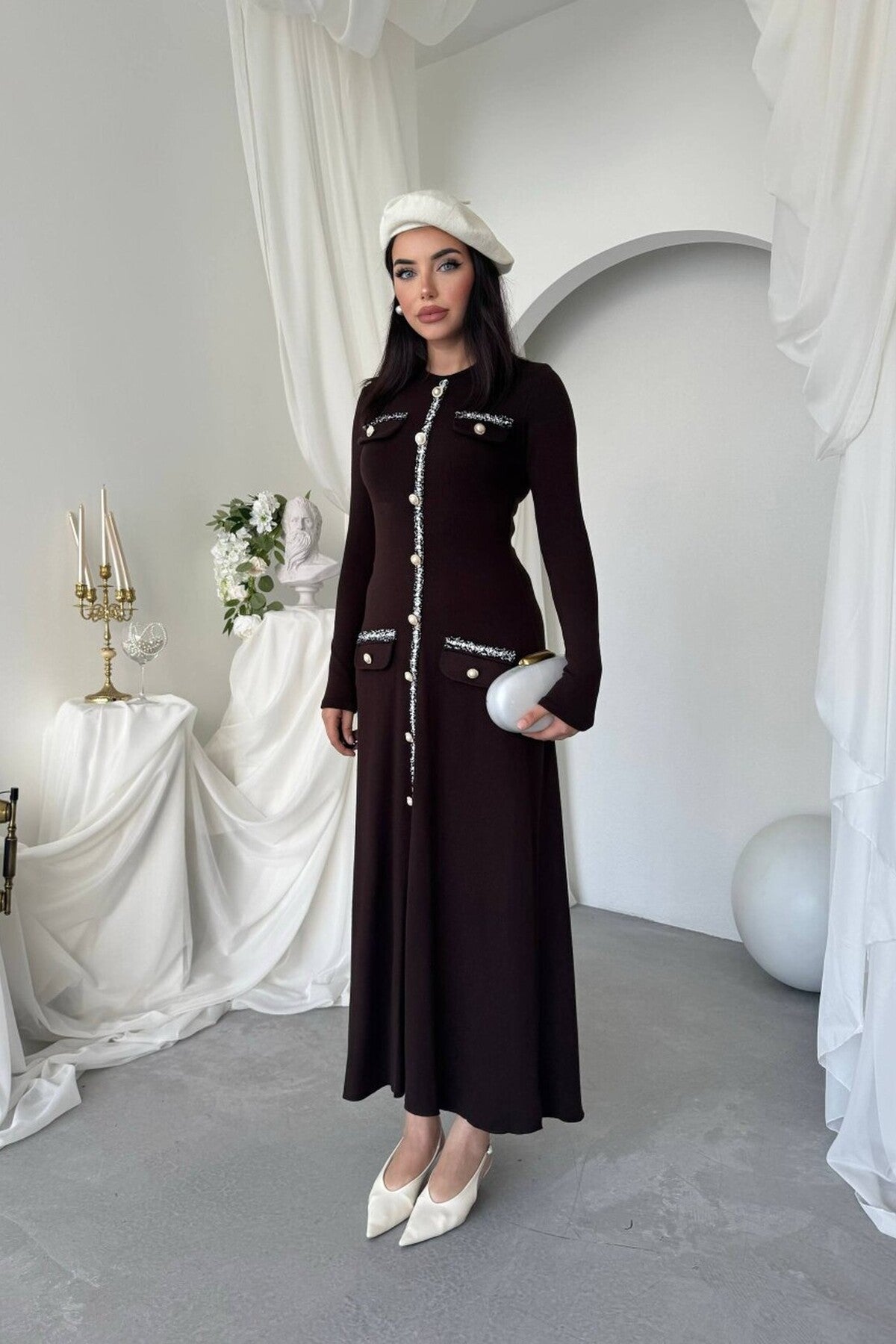 Knit Midi Dress with Pearl Buttons