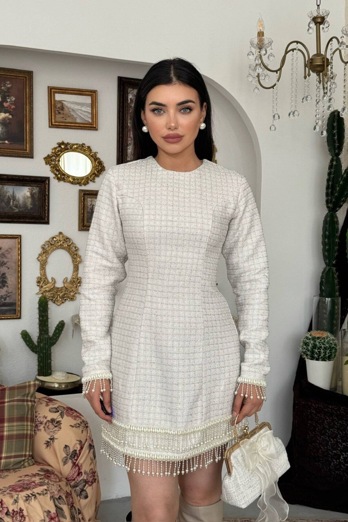 Tweed Mini Dress with Pearl Fringe