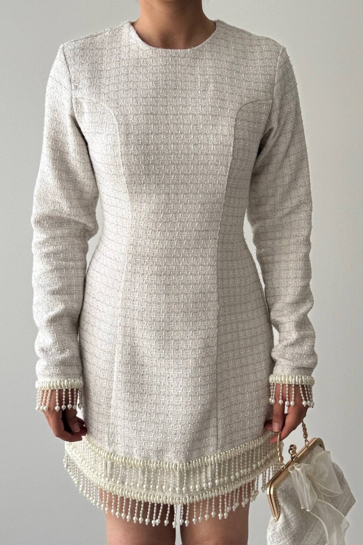 Tweed Mini Dress with Pearl Fringe