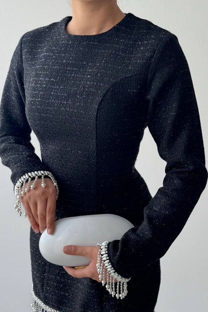 Tweed Mini Dress with Pearl Fringe