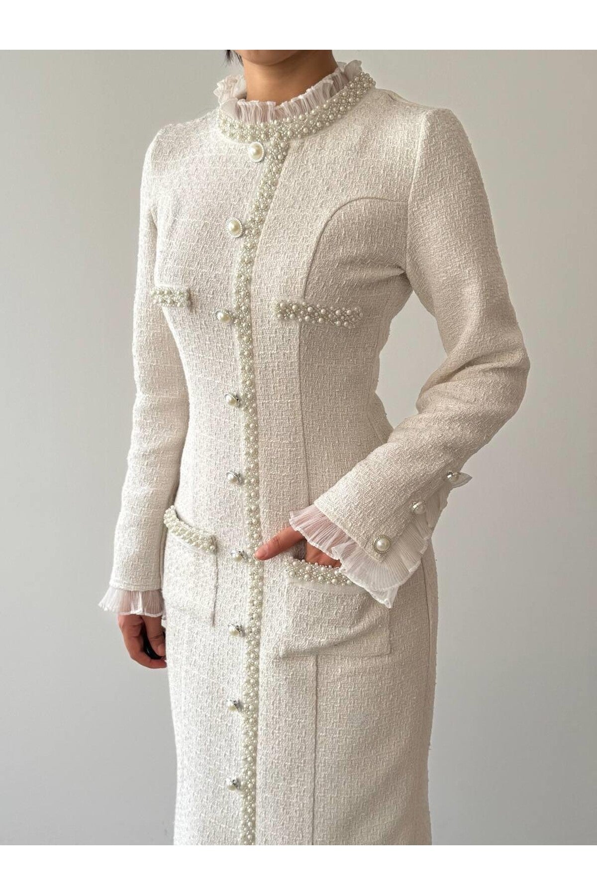 Pearl Trim Tweed Midi Dress