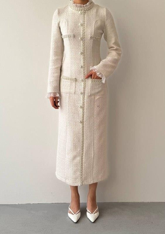 Pearl Trim Tweed Midi Dress