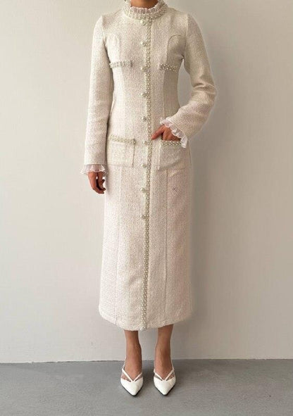 Pearl Trim Tweed Midi Dress