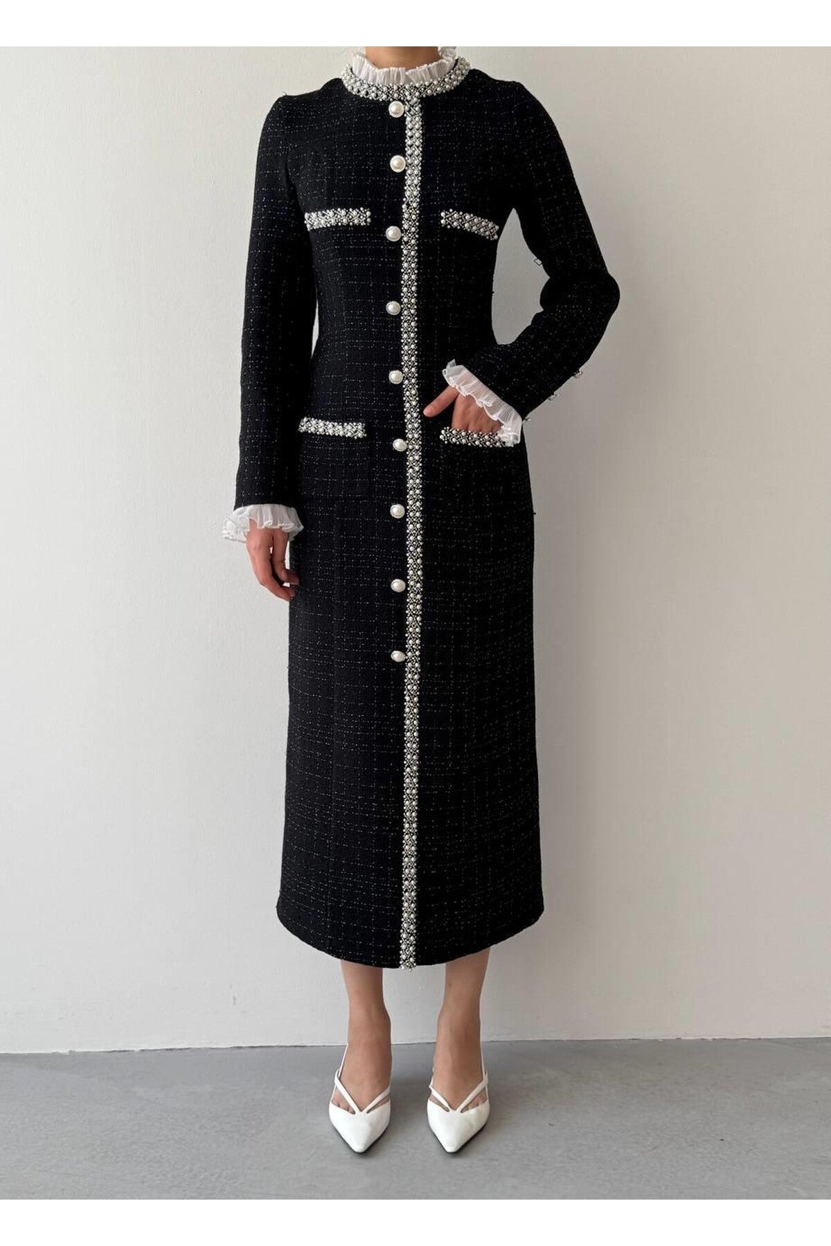 Pearl Trim Tweed Midi Dress