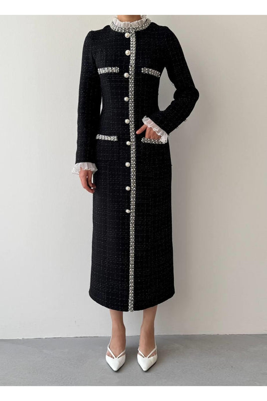 Pearl Trim Tweed Midi Dress