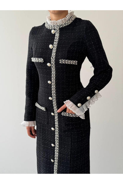 Pearl Trim Tweed Midi Dress