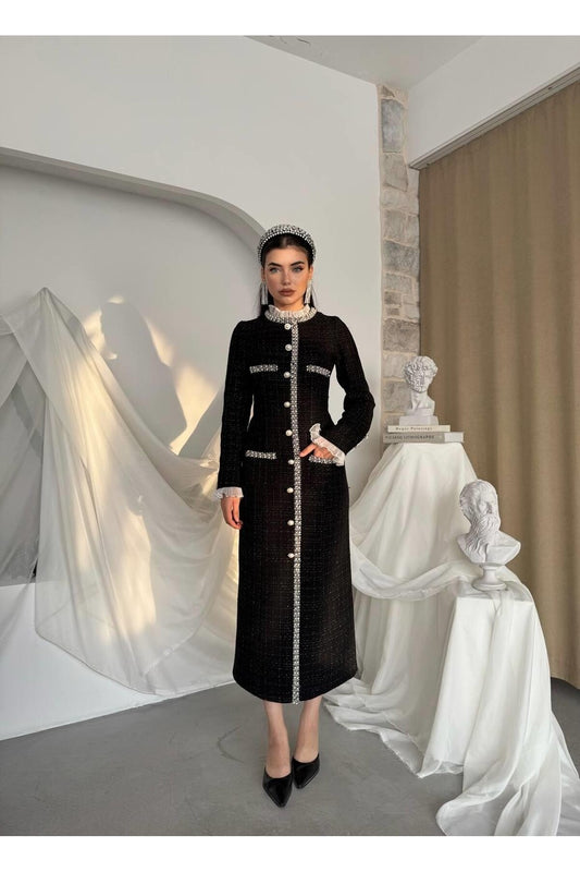 Pearl Trim Tweed Midi Dress