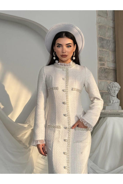 Pearl Trim Tweed Midi Dress