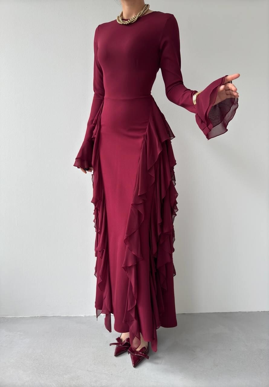 Cascade Ruffle Maxi Dress - Burgundy
