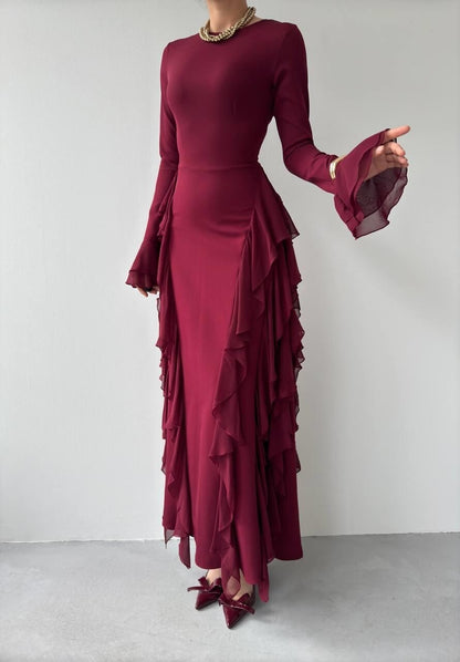 Cascade Ruffle Maxi Dress - Burgundy