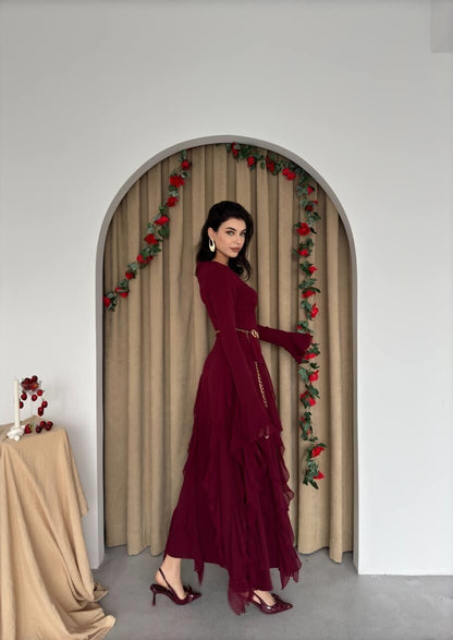 Cascade Ruffle Maxi Dress - Burgundy