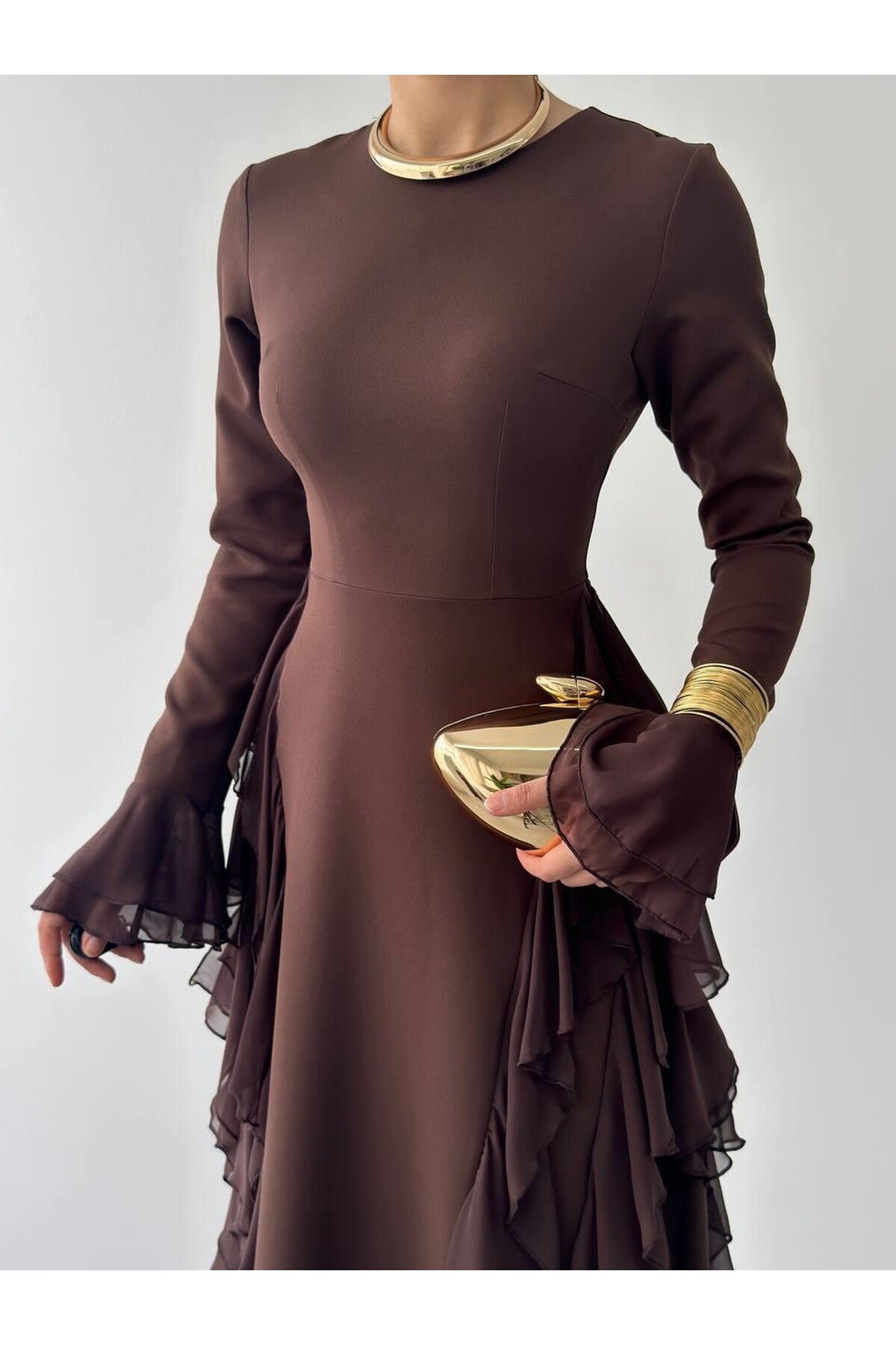 Cascade Ruffle Maxi Dress - Brown