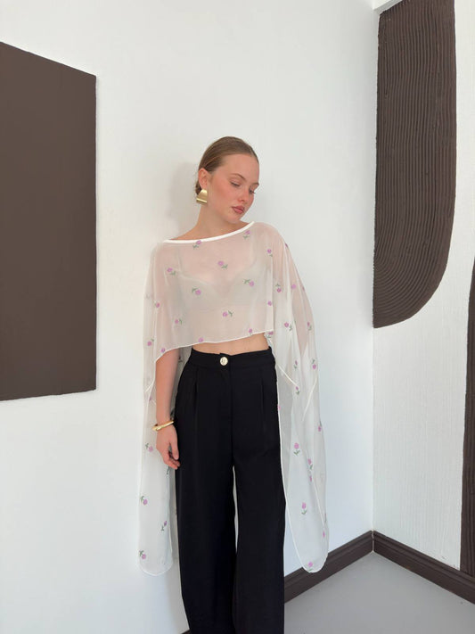 Embroidered Chiffon Cape Top