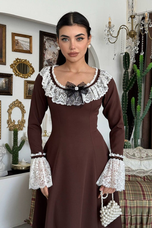 Lace Collar Dress with Brooch