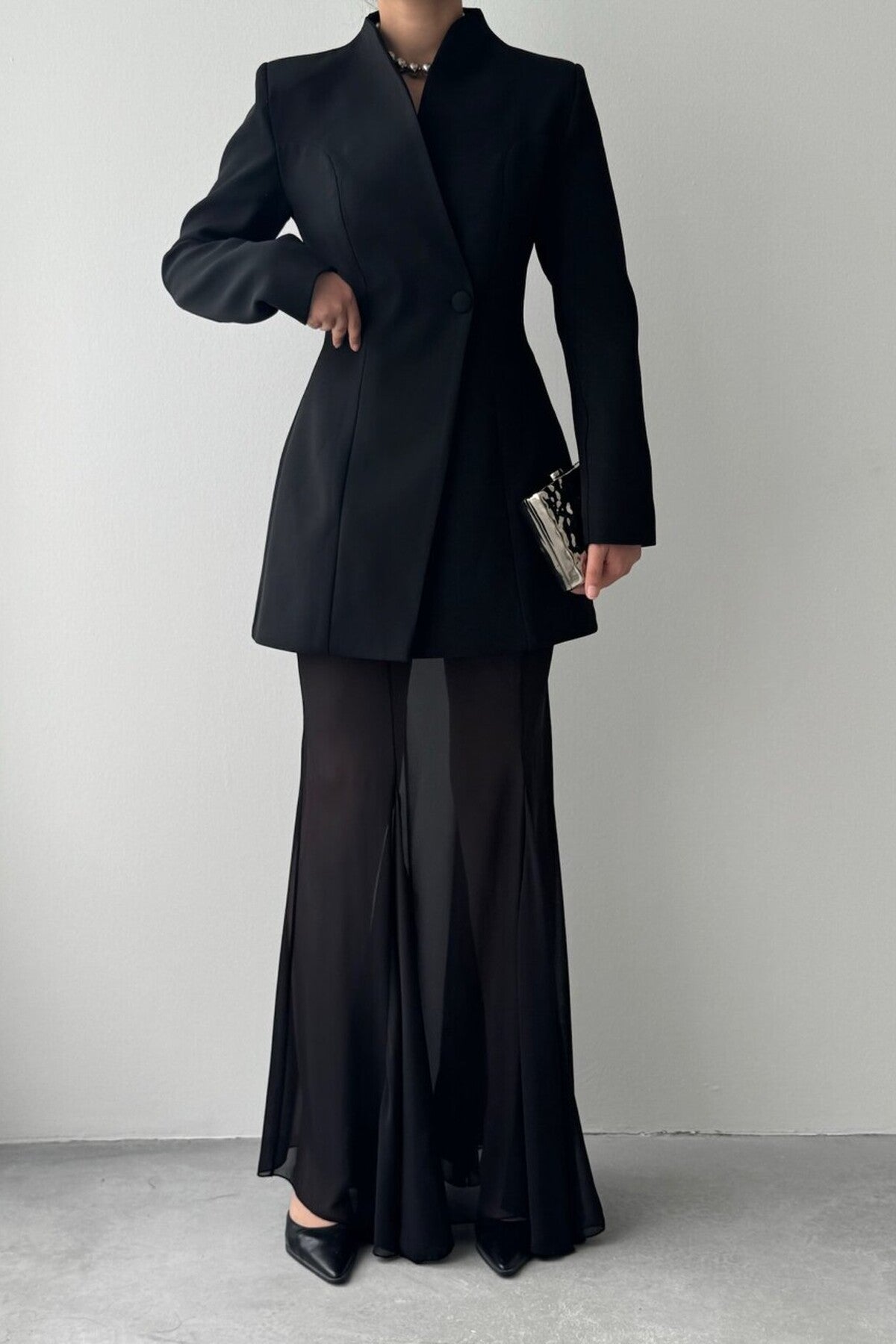 Sculpted Blazer & Sheer Skirt Set
