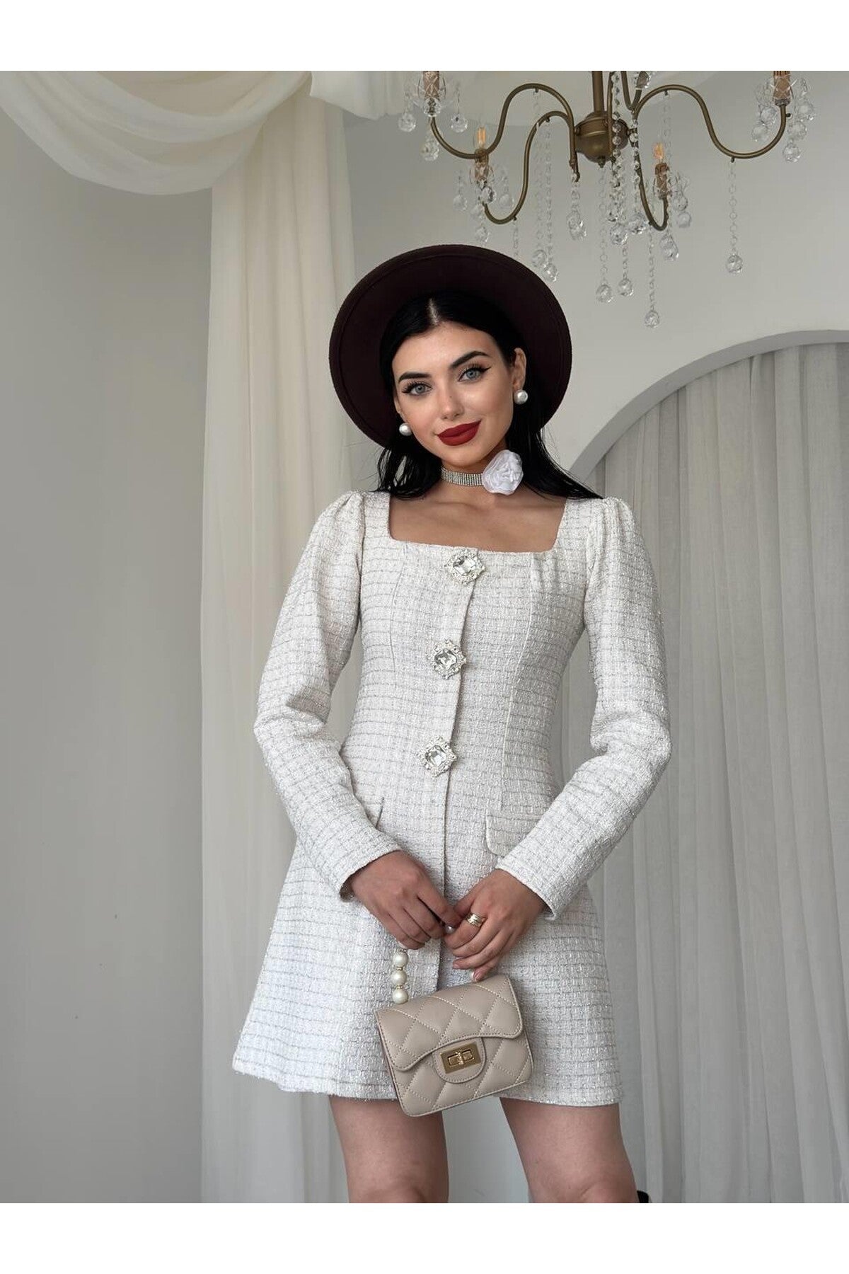 Tweed Mini Dress with Crystal Buttons
