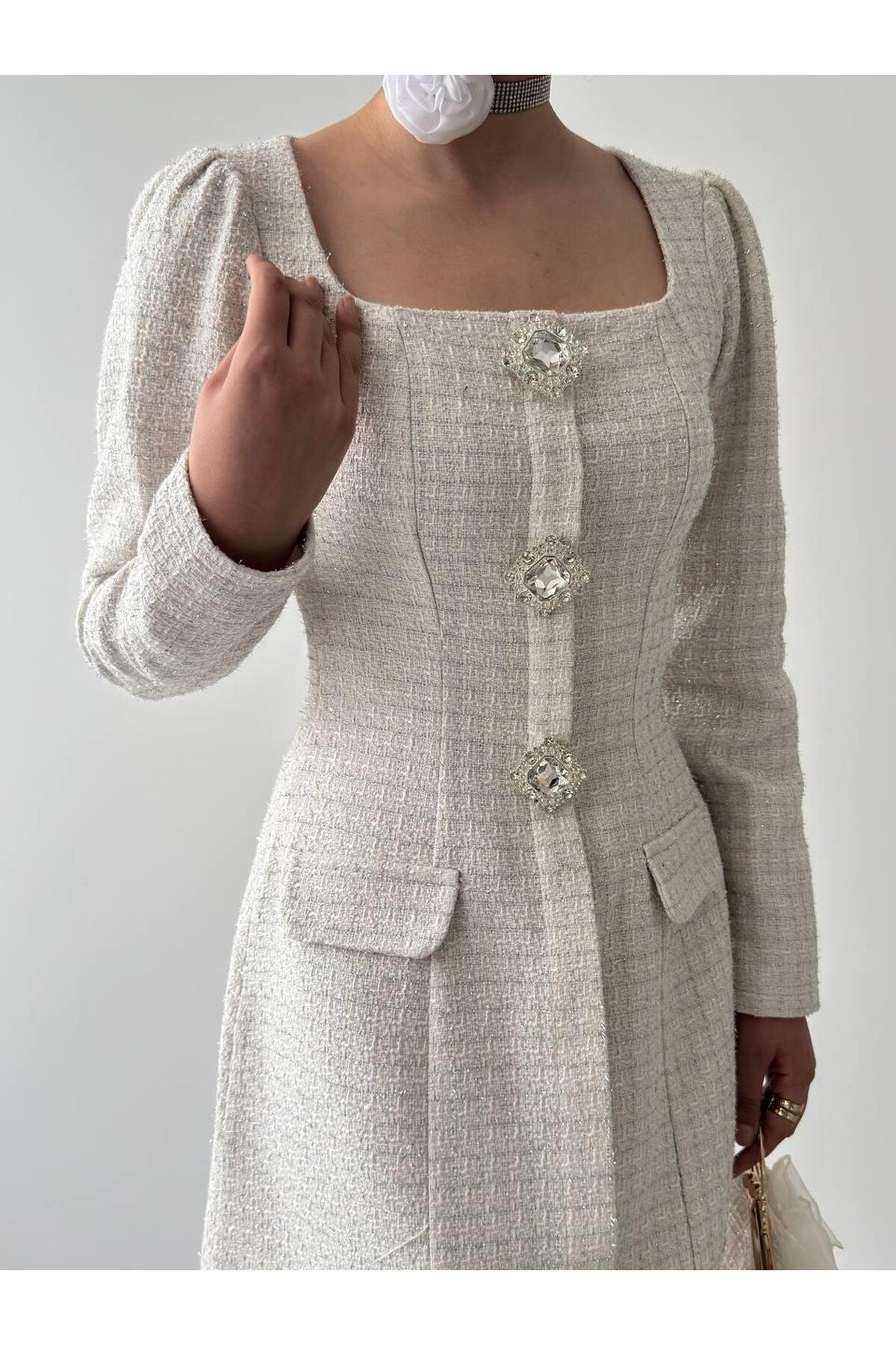 Tweed Mini Dress with Crystal Buttons