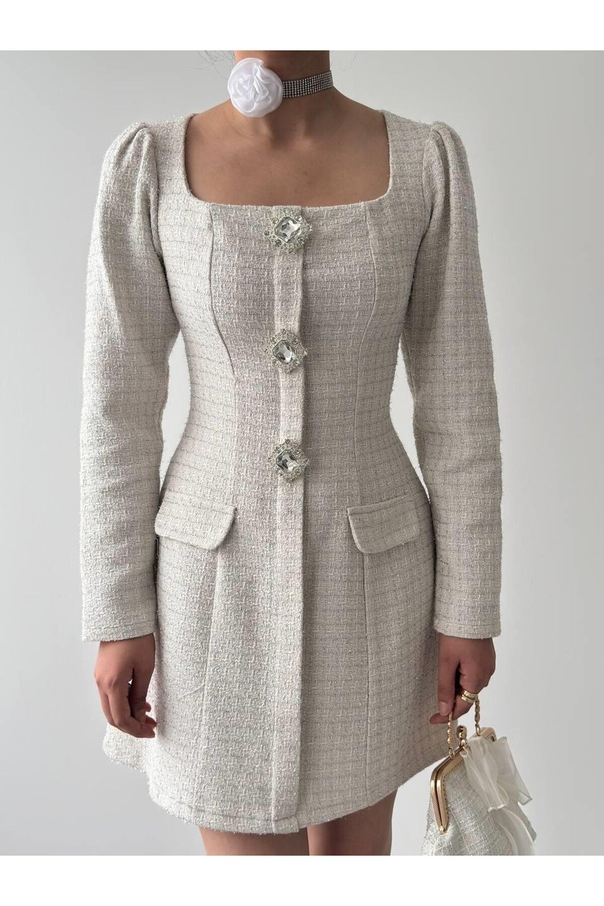 Tweed Mini Dress with Crystal Buttons