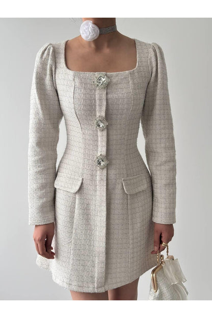 Tweed Mini Dress with Crystal Buttons
