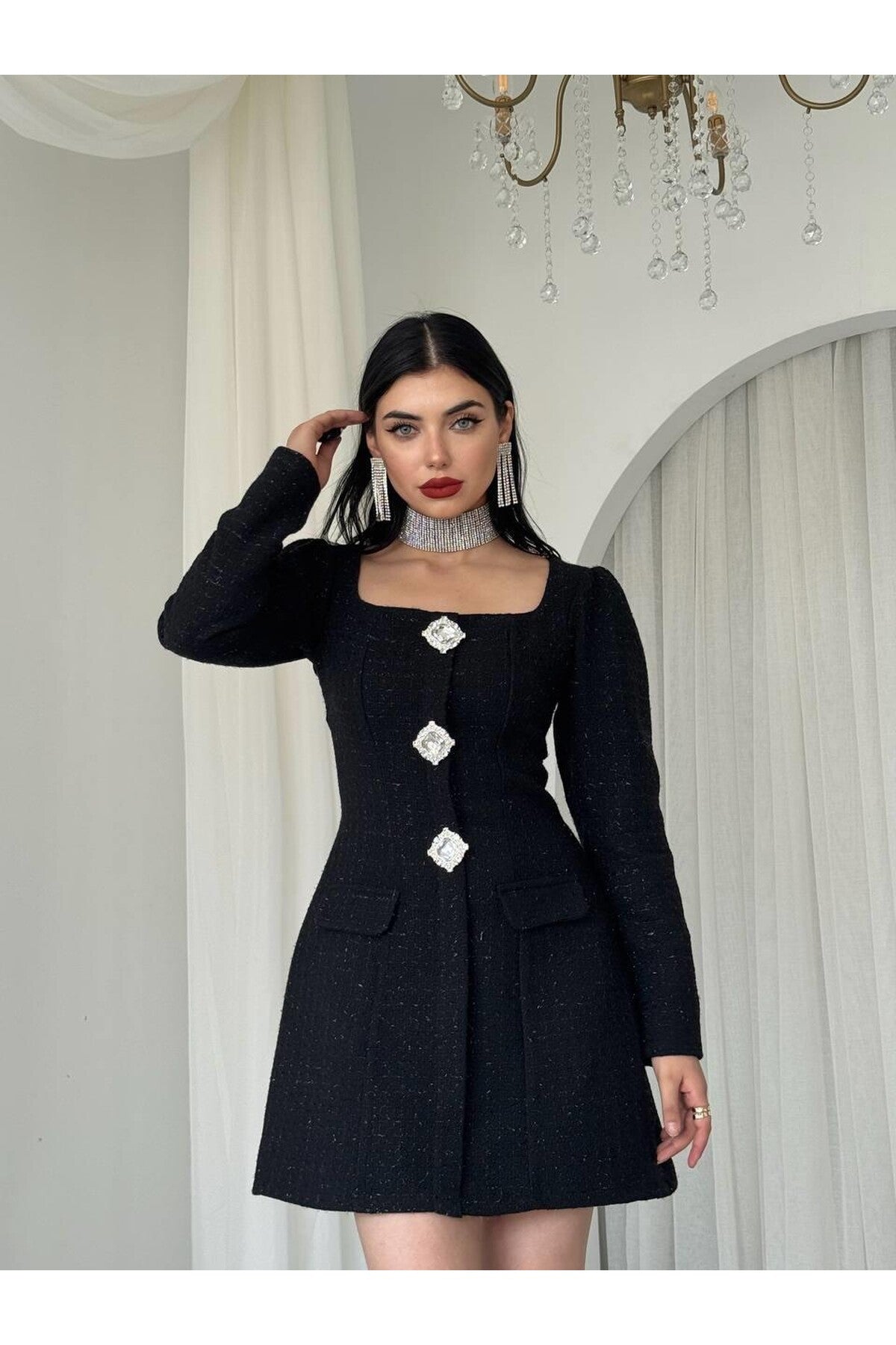 Tweed Mini Dress with Crystal Buttons