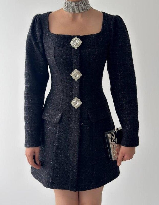 Tweed Mini Dress with Crystal Buttons