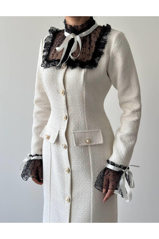 Victorian Tweed Dress with Lace Collar