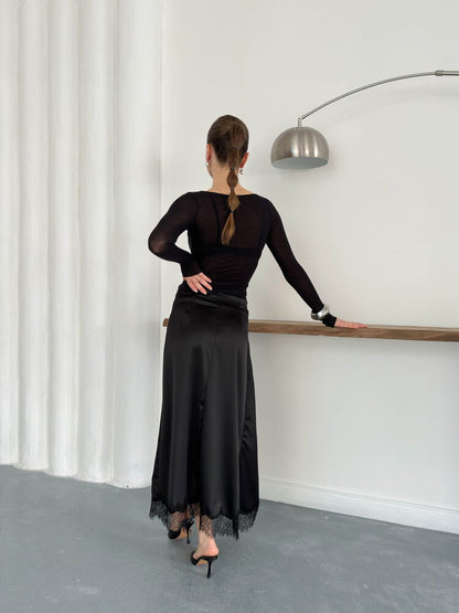 Lace-Trim Satin Slip Skirt