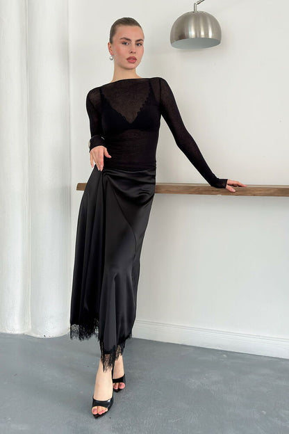 Lace-Trim Satin Slip Skirt