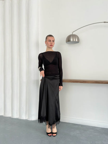 Lace-Trim Satin Slip Skirt