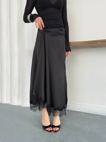 Lace-Trim Satin Slip Skirt