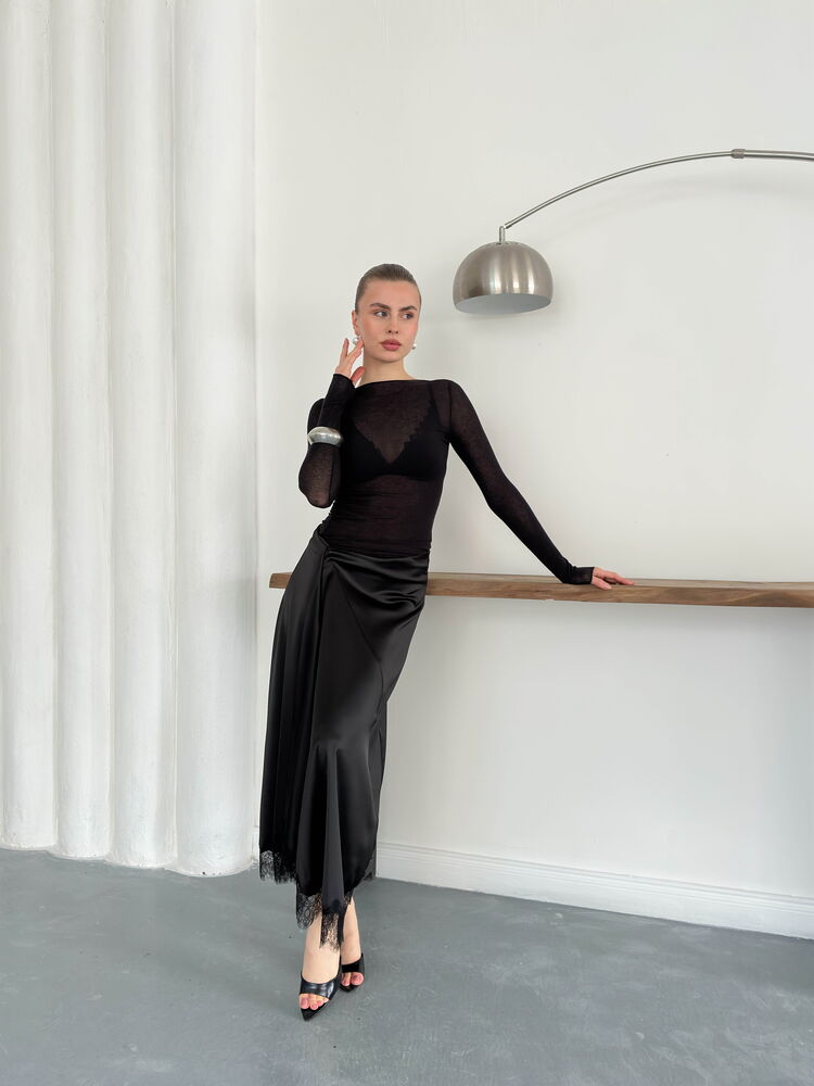 Lace-Trim Satin Slip Skirt