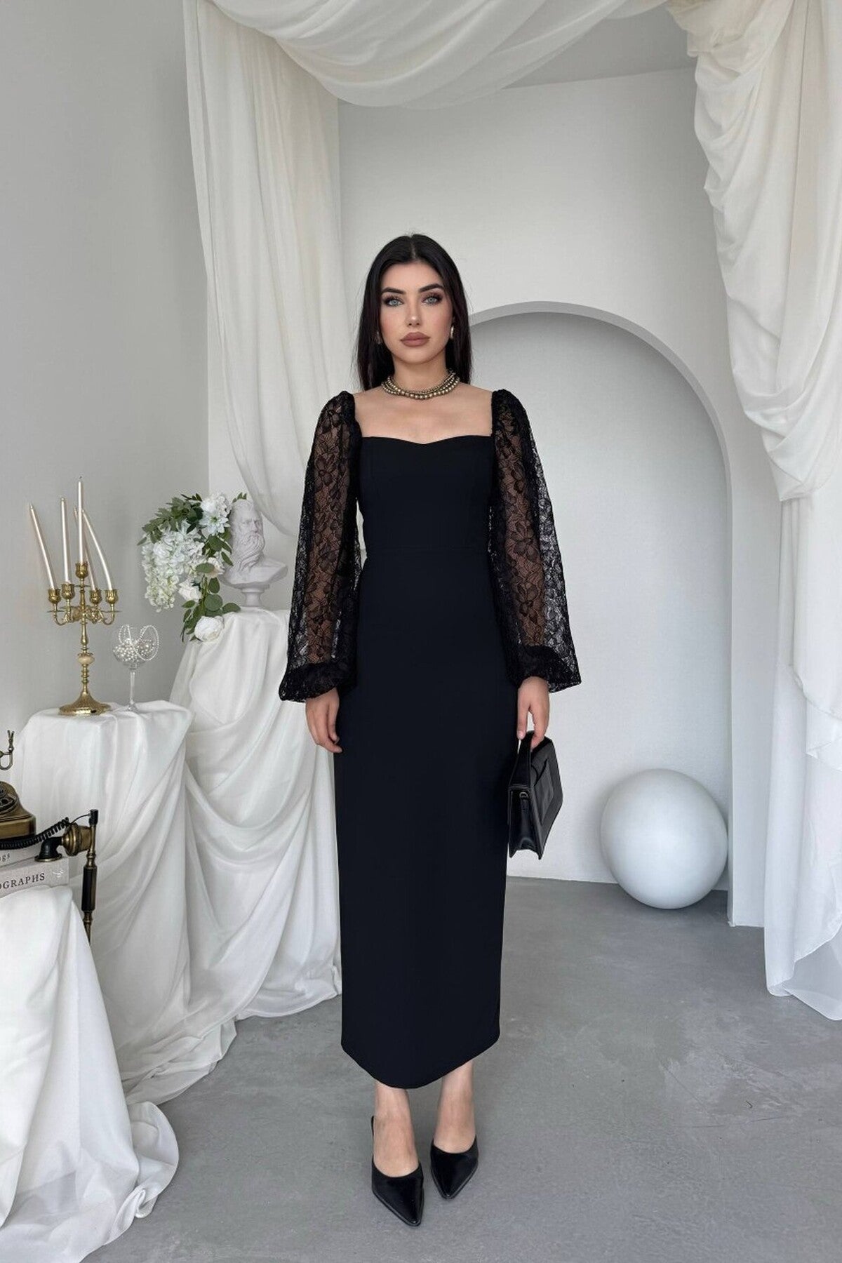 Lace Sleeve Column Dress